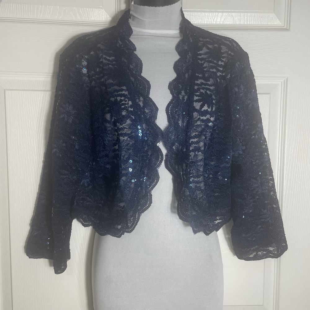Sleek Trends Lace Bolero Jacket Women 18W Blue Sheer Open Front Sequin Fairycore